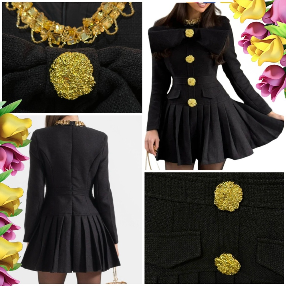 NWT Elegant Black A-Line Tweed Mini Dress W/Big Bow & Ornate Gold Buttons Size S
